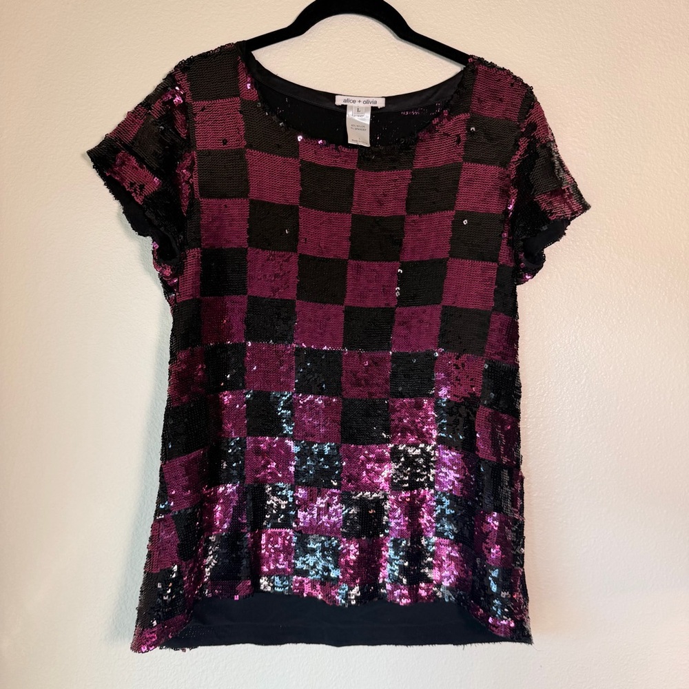 Alice + Olivia Sequin Top, Size Large, Black and Pink